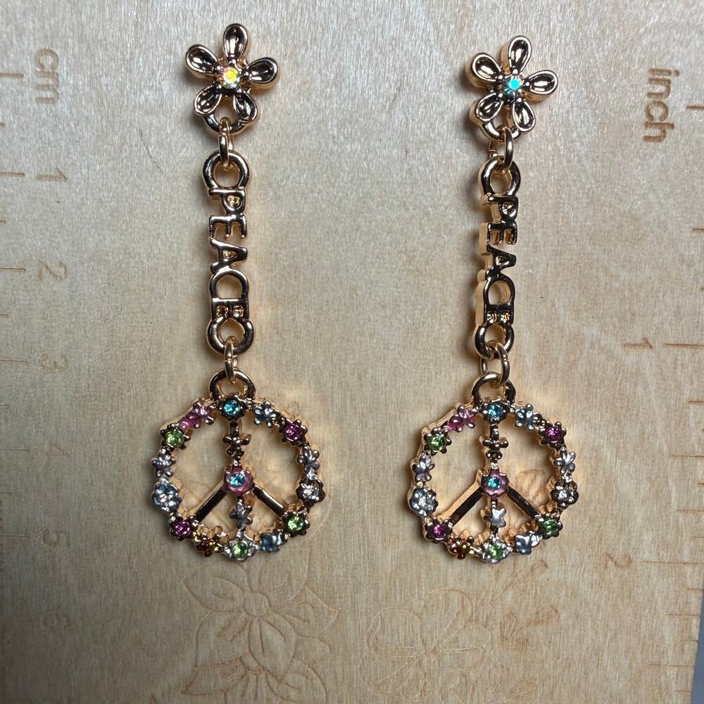 Peace Sign Dangle Earrings Gold Tone Rhinestone Flower Statement Earrings